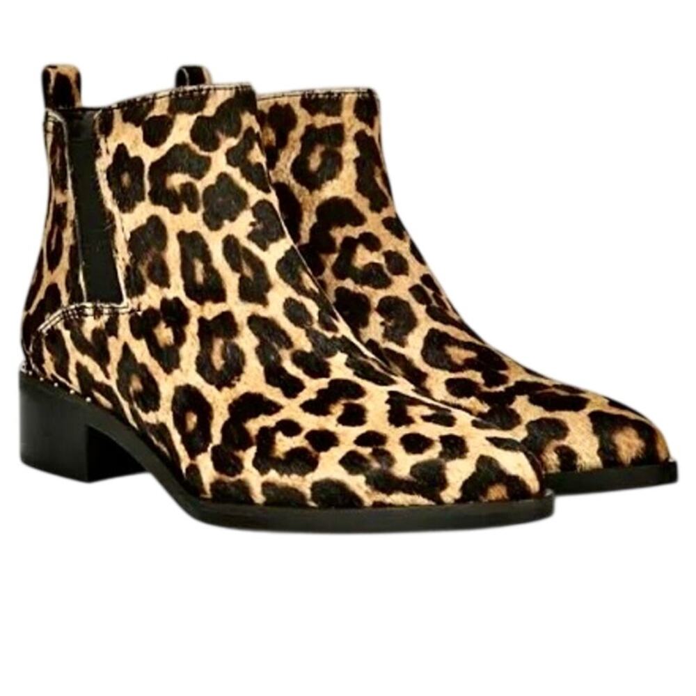 Franco Sarto Leather Calf Hair Leopard Zip Ankle Boots Booties Block Heel Glam